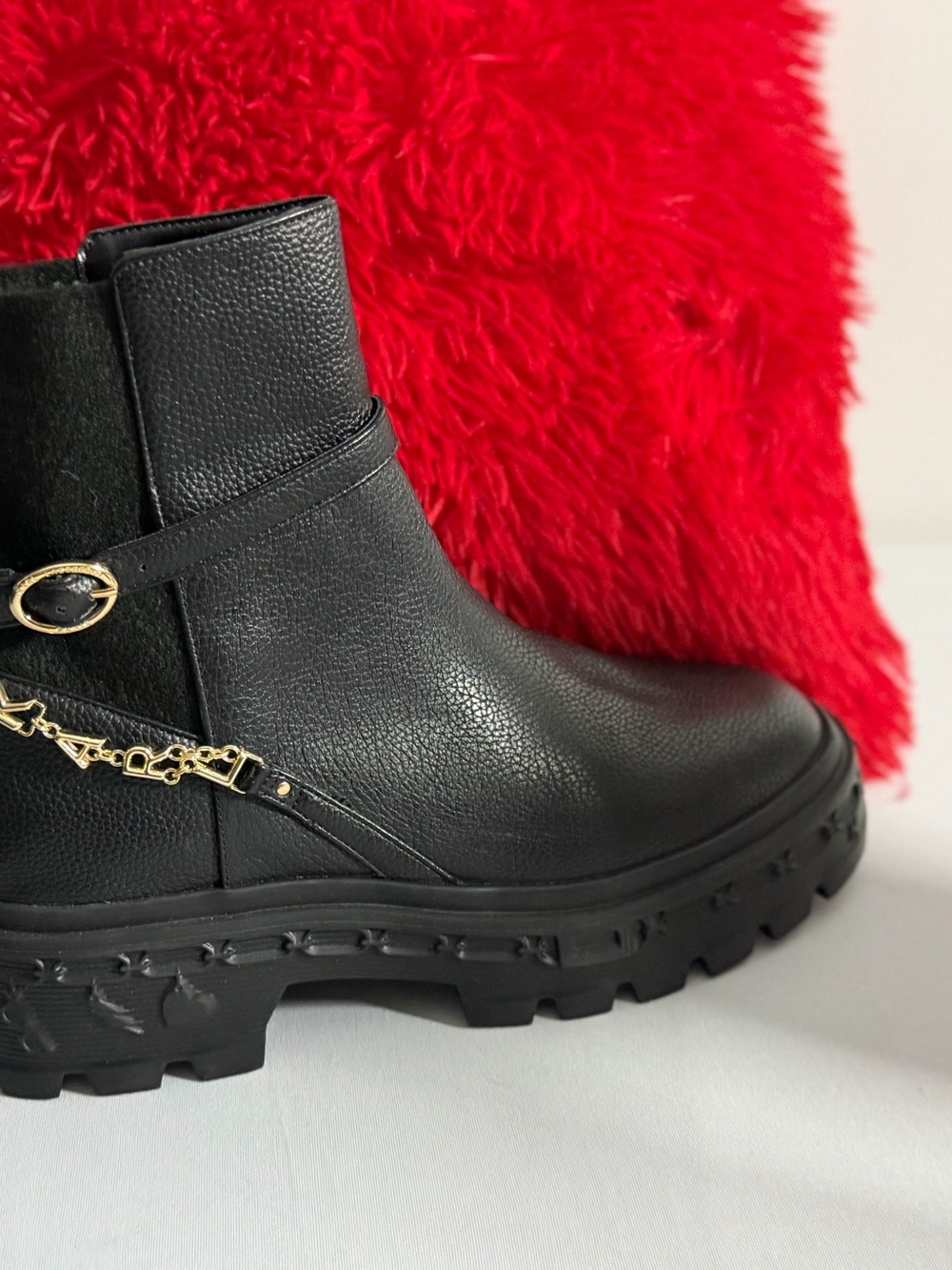 Karl Lagerfeld Black Ankle Booties with Gold Chain Accent